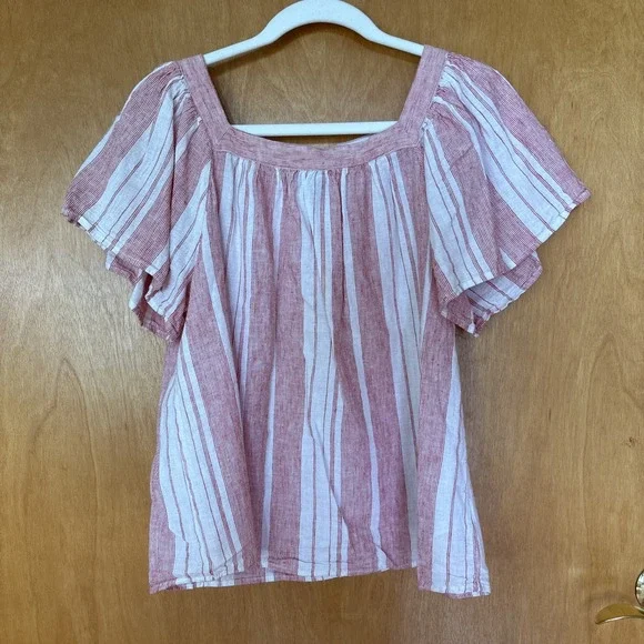 Banana Republic Stripe Textured‎ Peasant Top, Linen/Cotton, White/Pink Medium - Picture 2 of 8